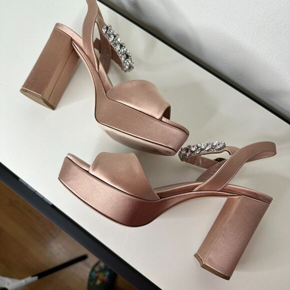 Miu Miu Nude Calzature Donna Satin Crystal Ankle Strap Platform Block Heels 10.5 - Picture 4 of 16